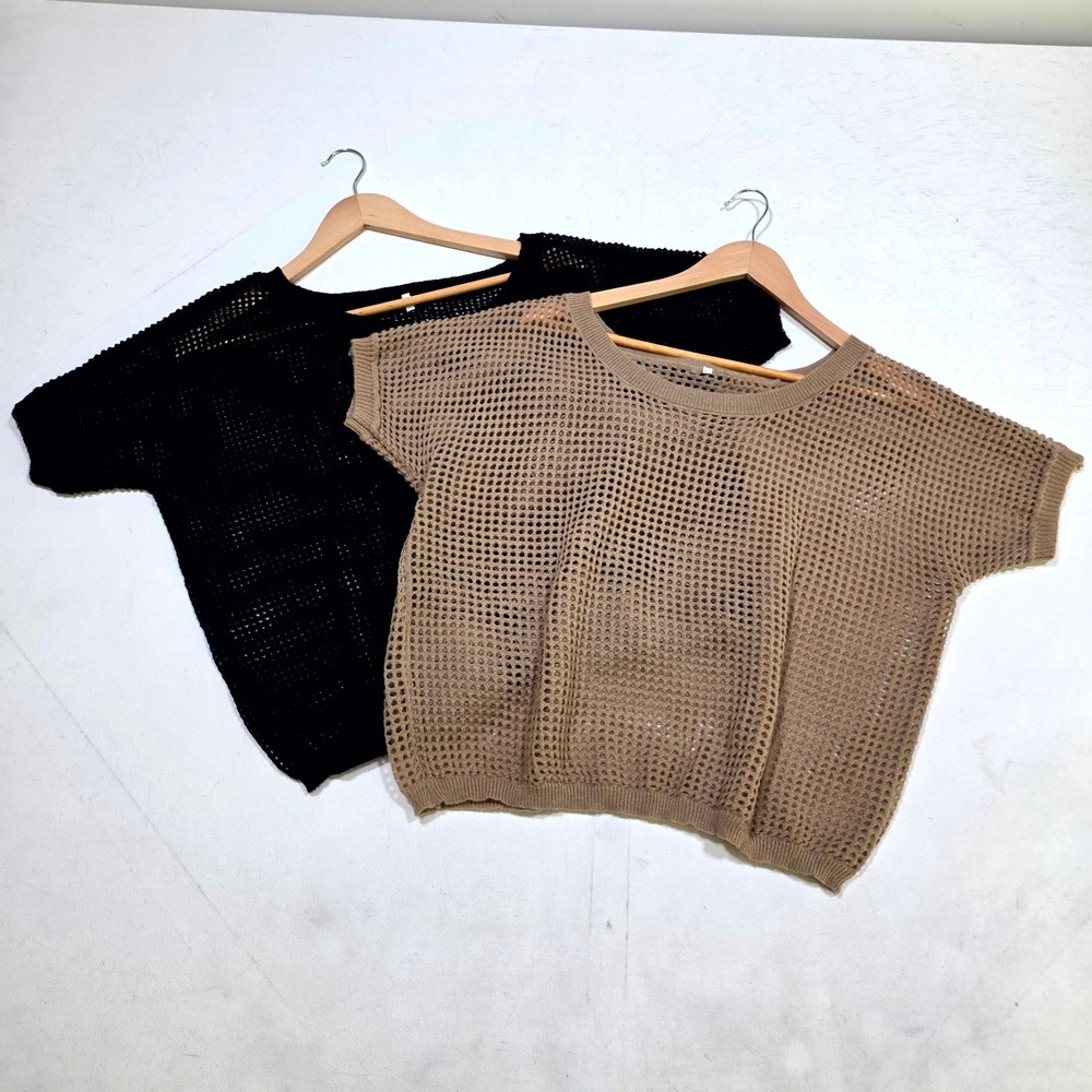 Mesh Knit Top Women Large Black Brown 2 Pack Fishnet Boho Layering Set
